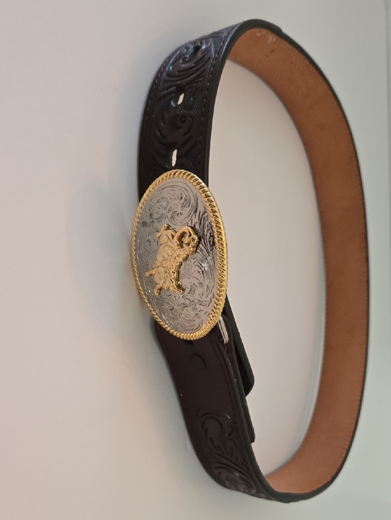 Other - Black Tooled Leather Belt with Gold & Silver Rodeo Buckle